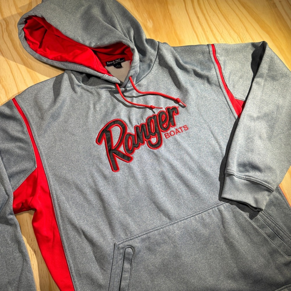 Sport-Tek Ranger Boats Men's Size Large Gray Red Performance Hoodie Sweatshirt